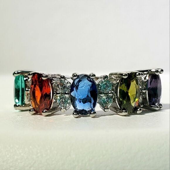 14K White Gold on 925 Multi Color Oval Cut Sapphire Cocktail Ring Women's - Picture 7 of 9